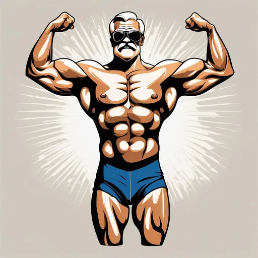 Prompt: DETAILED AND CLEAN Vector Graphic Design of A old time BODY BUILDER  in a leotard. make subject flex with arms up, AND SHIRTLESS. REPLACE  HEAD WITH A BEAR HEAD. WITH AVIATOR SUNGLASSES ON. 