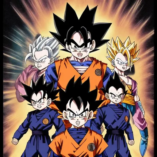 Prompt: DragonBall Z, Goku Gohan Vegeta and Trunks standing next to each other, black robes, art of akira toriyama, cute portrait,  Halloween, high contrast!!, black color scheme, masculine and strong, inspired by Maruyama Ōkyo, husband wife and son, turnip hair, with a kid, google images, stylish