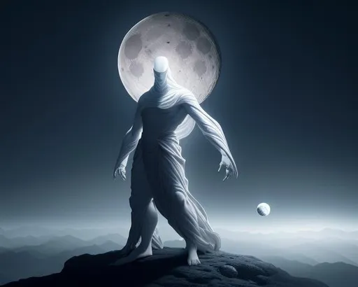 Prompt: giant  pale faceless god standing on the  small moon ,digital art , ultra hd, 64k, clear ambiance , dark ,hyperrealistic, photorealistic,  arstation , detailed , intense color scheme , sharp details , sharp focus, 4k desktop wallpaper