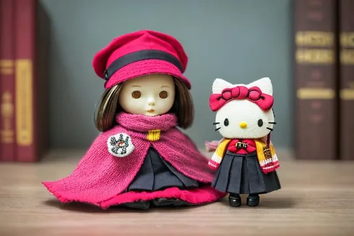 Prompt: a doll mochichi combind with hello kitty, wearing harry potter uniform with scarf and hat, in magic school

vintage, miniature. (high detailed skin:1.2), 8k uhd, dslr, soft lighting, high quality, film grain, Fujifilm XT3, hyper realistic, detailed head