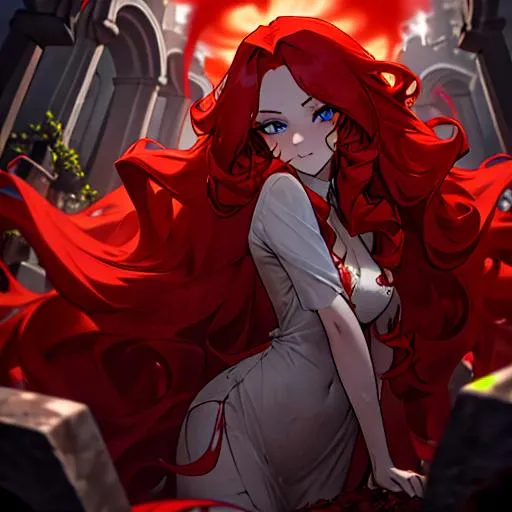 Prompt: Haley 1female. Long red hair styled in loose, voluminous curls, adding a touch of fiery allure to her look. Sunken blue eyes, captivating and full of mystery. Highly detailed face. 8K. UHD.  Ghastly pale, decaying skin. Wearing  tattered, blood-stained clothes. in a graveyard posing for the camera. Young adult. As a zombie