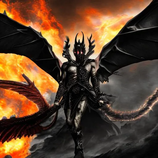 Prompt: Male angel warrior riding black dragon with long tail,  Fire swirls in sky, dungeons behind, photo realistic, fantasy, dark skies, high depth, 