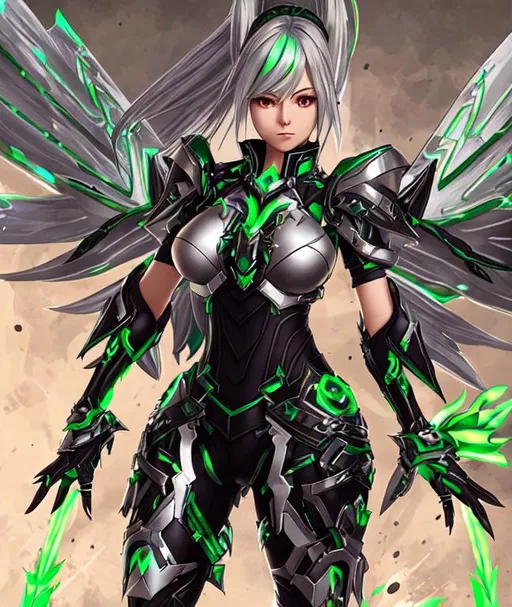 Prompt: , female, long silver and green glowing hair, wearing black gloves, green and silver scifi armor, V1 ULTRAKILL wings, Xenoblade 2 , conceptart 