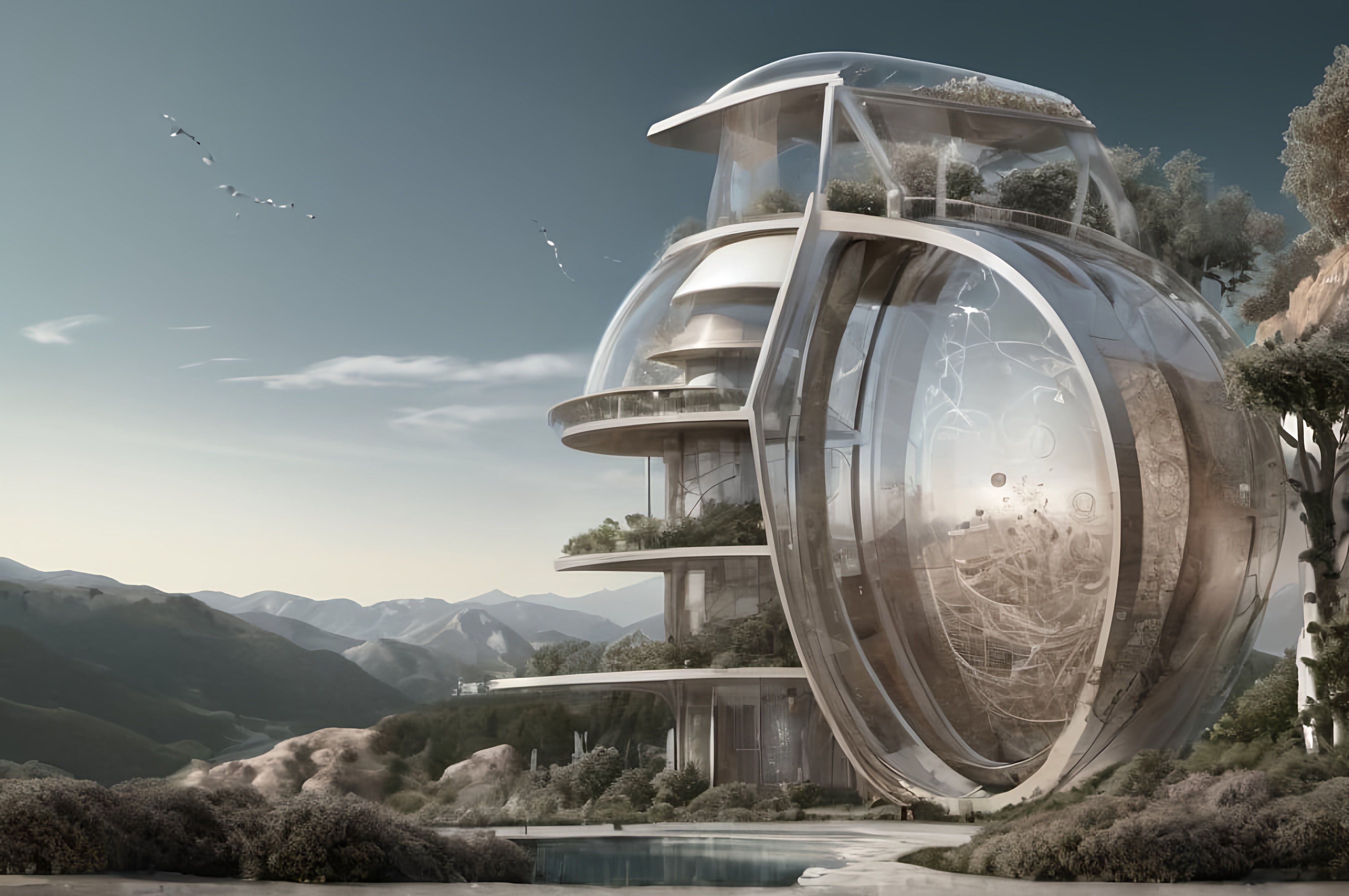 Prompt: a futuristic building with a large circular entrance in the middle of a forest area with mountains in the background, solarpunk, a digital rendering
