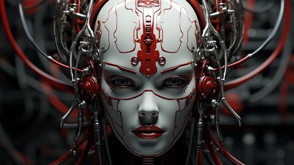 Prompt: a computer generated head with red and black lines, in the style of futuristic victorian, silver and red, algorithmic artistry, daz3d, symmetrical chaos, robotic motifs, solarization