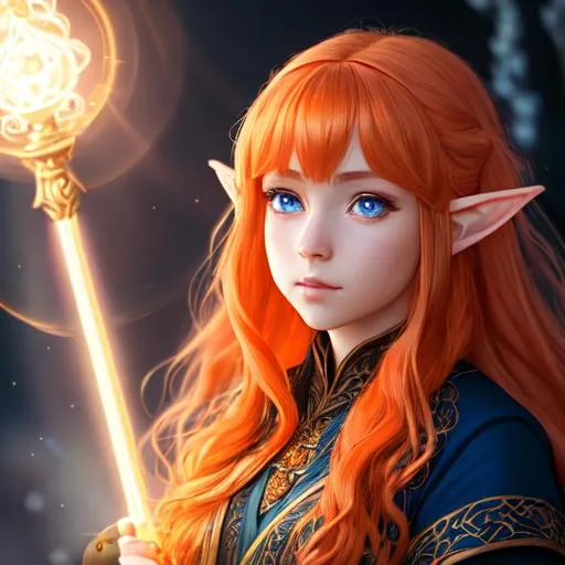 Prompt: "Full body, oil painting, fantasy, anime portrait of a  young hobbit woman with flowing light orange hair and dark blue eyes, short elf ears | wearing intricate wizard robes, #3238, UHD, hd , 8k eyes, detailed face, big anime dreamy eyes, 8k eyes, intricate details, insanely detailed, masterpiece, cinematic lighting, 8k, complementary colors, golden ratio, octane render, volumetric lighting, unreal 5, artwork, concept art, cover, top model, light on hair colorful glamourous hyperdetailed medieval city background, intricate hyperdetailed breathtaking colorful glamorous scenic view landscape, ultra-fine details, hyper-focused, deep colors, dramatic lighting, ambient lighting god rays, flowers, garden | by sakimi chan, artgerm, wlop, pixiv, tumblr, instagram, deviantart