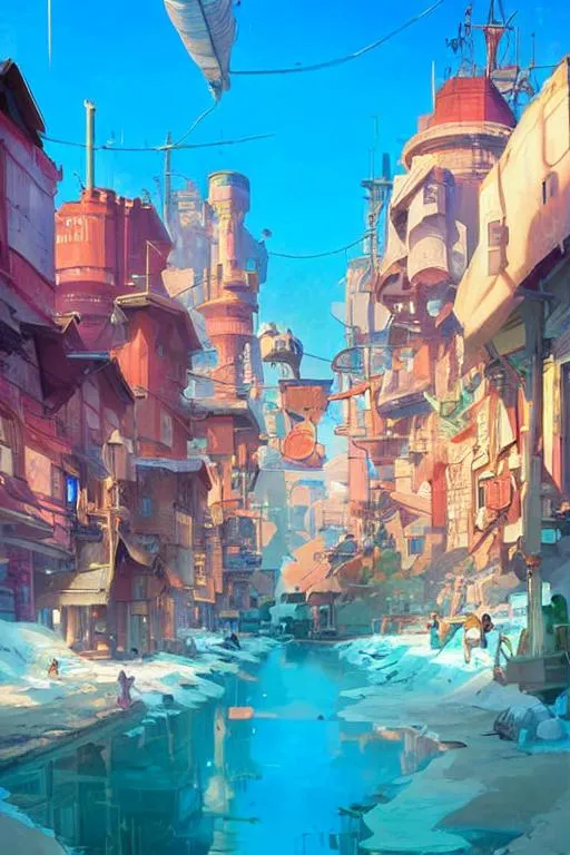 Prompt: A fisher city by krenn cushart, John messely and Roman bozhkov. Very beautiful, beautiful lit, clear resolution, photofinish quality.