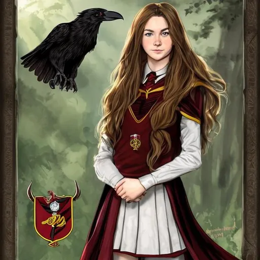 brown-haired, green-eyed woman as a Gryffindor stude...