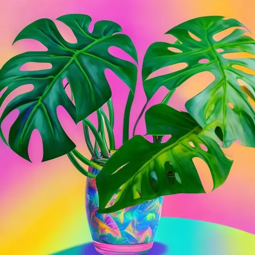 Prompt: Miniature Monstera in a vase in the style of Lisa frank