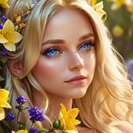 Prompt: Pixie dust princess, long blonde hair, sapphire eyes, yellow flowers in her hair,  facial closeup