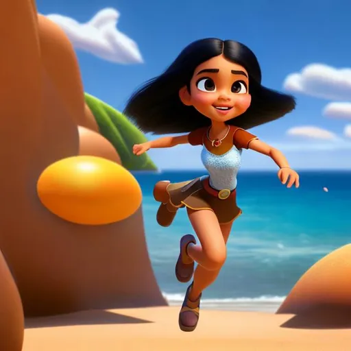 Prompt: Disney, Pixar art style, CGI, mexican girl with long straight black hair, tan, sturdy body, big eyebrow, strong chubby