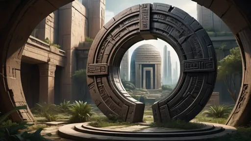 Prompt: magical portal between cities realms worlds kingdoms, circular portal, ring standing on edge, upright ring, freestanding ring, hieroglyphs on ring, complete ring, ancient babylonian architecture, gardens, ruins, turned sideways view, futuristic cyberpunk tech-noir setting
