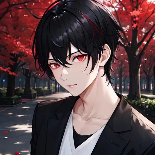 Prompt: Damien (male, short black hair, red eyes) in the park at night, casual outfit, dark out, nighttime, midnight, 8k resolution, ultra detailed, high resolution, dark out