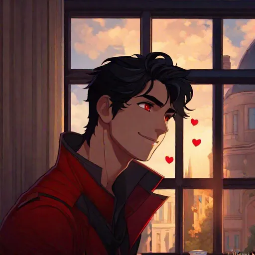 Prompt: Damien (male, short black hair, red eyes) staring out the window, in love, smile on his face