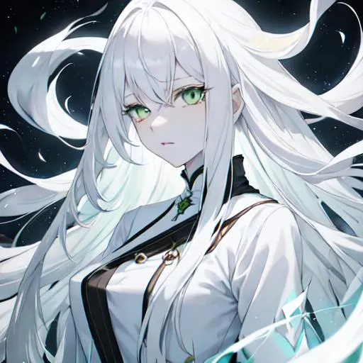 Prompt: female ghost (long white hair, pale skin, green eyes)