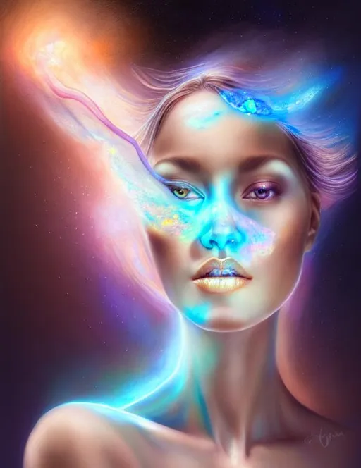 Prompt: A beautiful girl perfect body,Vagina,face, 8k, ultra-realistic, high-resolution portrait of beautiful woman, no bra, painting of opal spirit, intricate and hyperdetailed by yoshitaka amano and Ekaterina Savic, fantasy art, celestial, ethereal, digital illustration, volumetric lighting