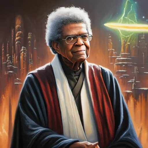 Prompt: oil painting of Thomas Sowell as a jedi master 4K 8K. 
