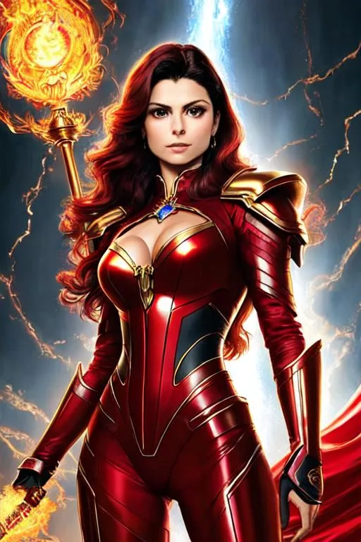 Prompt: UHD, hd , 8k,  oil painting, hyper realism,  Very detailed, character zoomed out view, face is visible , full body of character in view, Morena Baccarin as sorceress with long red hair and red eyes, she wears red lace mech suit, and is holding a golden metal staff in her right hand, she is summoning fire down from the sky by Ilya Kuvshinov 