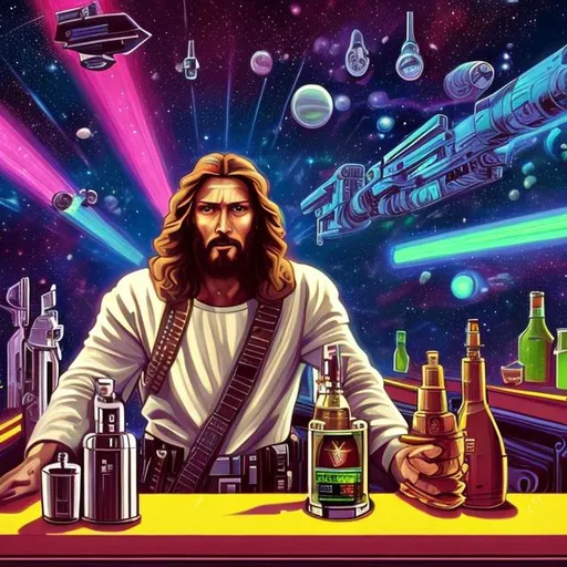 Prompt: widescreen, photo, painting, longshot, wide view, overhead lighting, infinity vanishing point, jesus with Fabrique Nationale Mk 48 machine gun, with jesus in spacesuit, relaxing at the bar saloon, in an exotic space cantina, vibrant galaxy background, surprise me