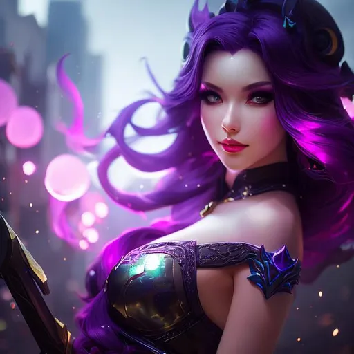 Prompt: upper torso portrait of league of legend's Evelynn as sucubbus, purple hair, soft lighting, perfect composition, cinematic, video game trailer, dramatic, detailed painting, 8k, octane render, by makoto shinkai, stanley artgerm lau, wlop, rossdraws, concept art, digital painting, looking into camera,