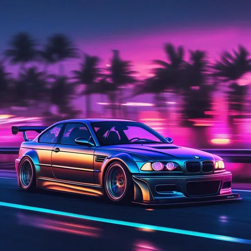 Prompt: 2001 BMW M3 E46 GTR, synthwave, aesthetic cyberpunk, miami, highway, dusk, neon lights, coastal highway, dusk, neon lights, coastal highway, sunset, drift, nurburgring, water on the road, blade runner, 8k, watercolor, macro sharp focus, 8, hyper realistic, cinematic