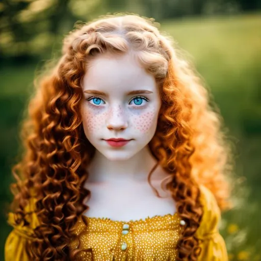 Prompt: Cottagecore girl red long curly hair, yellow ambar eyes, pale skin with freckes in 18 century era
