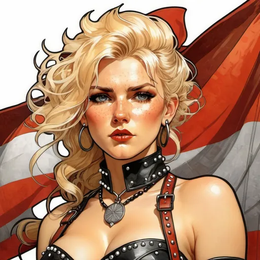 Prompt: line art, blond hair, Polish flag, full figure, studded leather, choker, wet hair, mohawk, freckles, very angry face