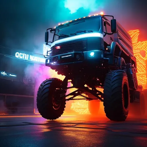 Prompt: Mack R600, 8k, front, full body, Epic action pose, epic Instagram, solar, psychedelic, fog, dusk, Twilight, hyperdetailed, intricately detailed, hyper-realistic, fantastical, intricate detail, WIDESCREEN, complementary colors, concept art, masterpiece, NEON oil painting, heavy strokes, splash arts