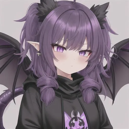 Anime girl with long dark blue hair and purple eyes and black wings wearing  all black