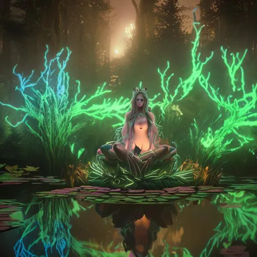 Prompt: A wyvrn that glows sitting in the middle of a pond in the woods
