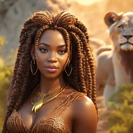 Prompt: professional photo disney nala as live action human woman hd hyper realistic beautiful african princess black braided hair light brown skin hazel eyes beautiful face lion fur dress gold jewelry enchanting
african savannah hd background with live action realistic baobab trees and african animals