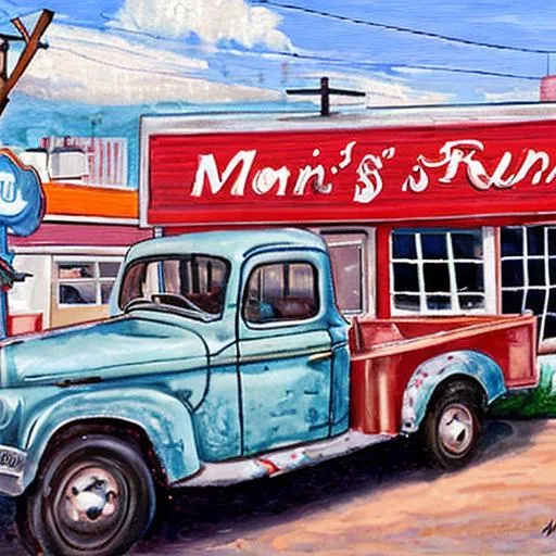 Prompt: A painting of an old pickup parked in front of a diner with a sign that says "Mom's".