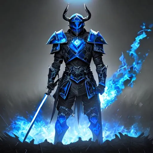 Prompt: black and blue armour valiant hero with covered helmet and horns surrounded by corpses and blue fire at night with sword 