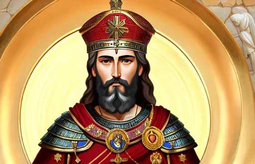 Prompt: Constantine XI Palaiologos with beard, short hair, with greek armor, Oval multi-jeweled crown holding the sacred heart of God