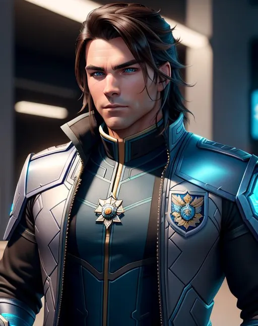 Prompt: perfect composition, {30 year old}, lean {Varian Wrynn}, wearing futuristic {shirt and future tech noble's coat}, {coat of arms on clothes}, {close cropped brunette hair}, clean shaven, extra masculine, peak fitness, determined expression, looking at viewer, 8k eyes, detailed face, wlop, stanley artgerm lau, artstation, hd, octane render, hyperrealism intricate details, 8k, cinematic volumetric light, proportional, art trending on artstation, sharp focus, studio photo, intricate details, highly detailed, intricate artwork masterpiece, ominous, intricate, epic, trending on artstation, highly detailed, vibrant, production cinematic character render, ultra high quality model, 