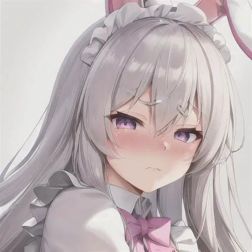 Prompt: a cute anime bunny maid with white hair and silver-colored eyes look at you from a certain distance as stands in front of you. her face forms a cute expression,her furrowed brows showing a just a bit of sadness as her look remain quiet and cold, just a bit slight of blush. she wears a sailor or a bunny outfit in white and pastel purple, pink colors and has a necklace around her neck in the form of a bow,  which is white or lilac. she wears a fancy pair of stockings and cute shoes.