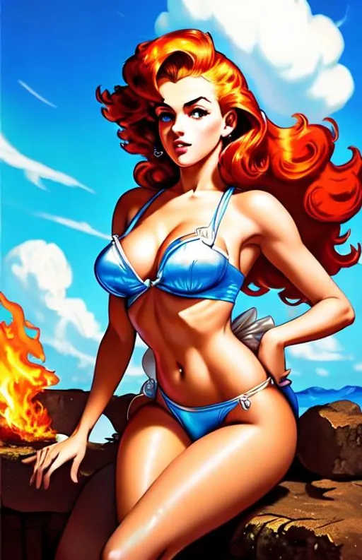 Prompt: Gil elvgren, glossy skin, pearlescent, anime, full body, full body, from above, bunny maid lucie, red hair, marilyn monroe style, doe eyes, fire in the background, big teens


