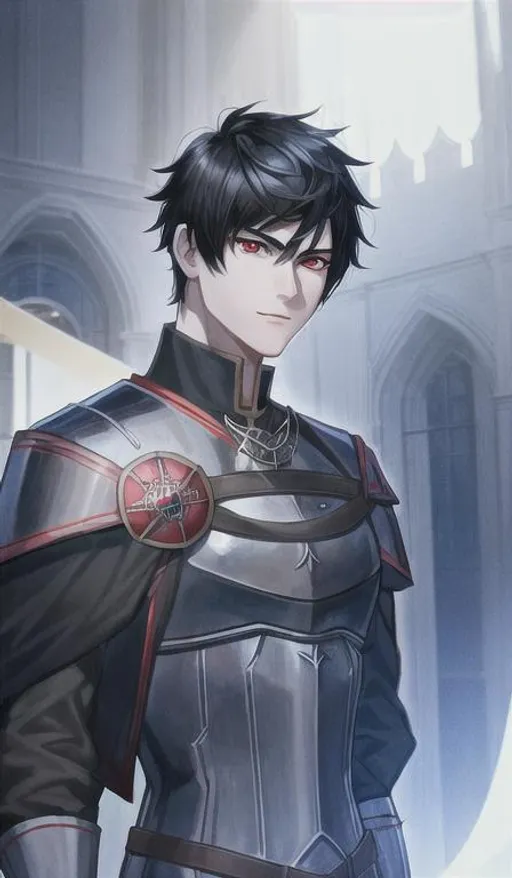 Prompt: Male hero with short black hair, portrait, red eyes, 4k, hyperrealisitic, royal knight, medieval prince 