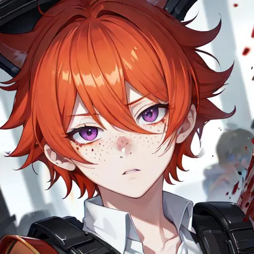 Prompt: Erikku male adult (short ginger hair, freckles, right eye blue left eye purple) UHD, 8K, Highly detailed, insane detail, anime style, covered in blood, psychotic, pointing a shotgun straight at the camera