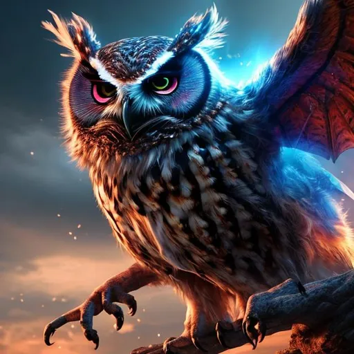 Prompt: Majestic HD 4K ultra, hyper dynamic, lighting, Owl Dragon Hybrid