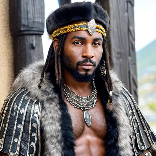 Prompt: Gruff male human, african warrior, stubble, brown eyes, grey dreadlock hair, scarred brown face, leather armor over chain armor, fur cloak, in an inn, wearing african jewels, muscular chiseled body, mystical eyes, rasta vibes