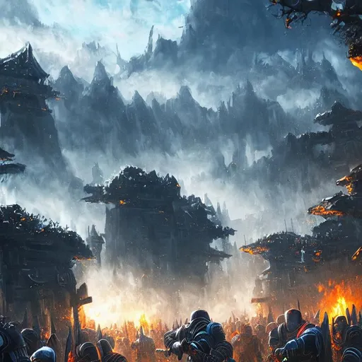 Prompt: Landscape painting of a Warhammer 40k feudal world, realistic, natural light