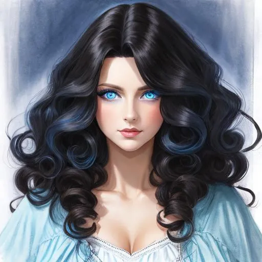 Prompt: a woman with long curlly, dark hair, blue eyes