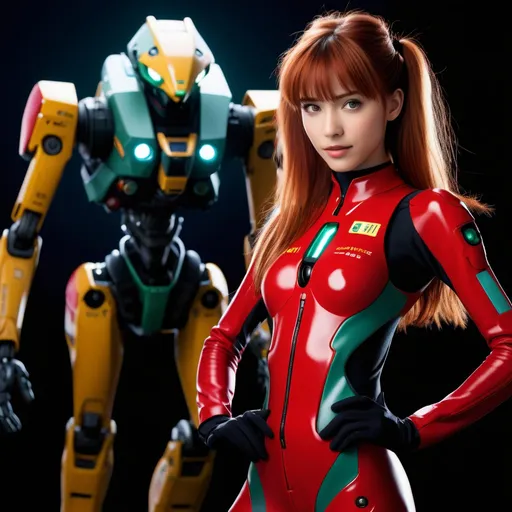 Prompt: High resolution Realistic photo image of an age:18 cute asuka langley anime character from “neon genesis evangelion“, full body original Eve jump suit, highly detailed facial features and expression, dynamically posed with Eve robot facility in background