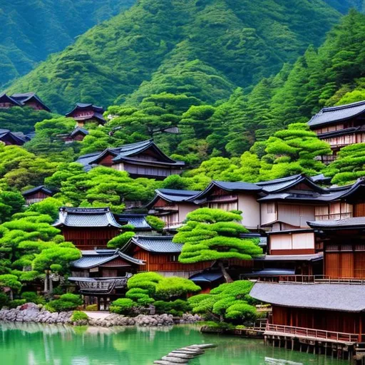 Prompt: Japanese village with mountains and surrounded by nature, rivers or sea, with animals