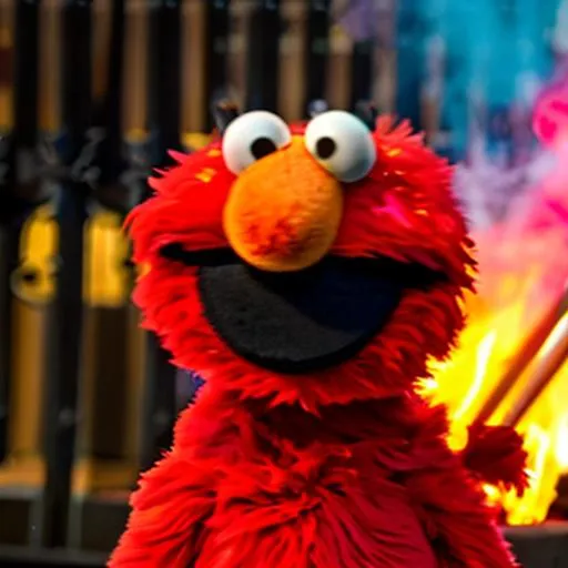 Prompt: Red Sesame street Elmo in front of flames