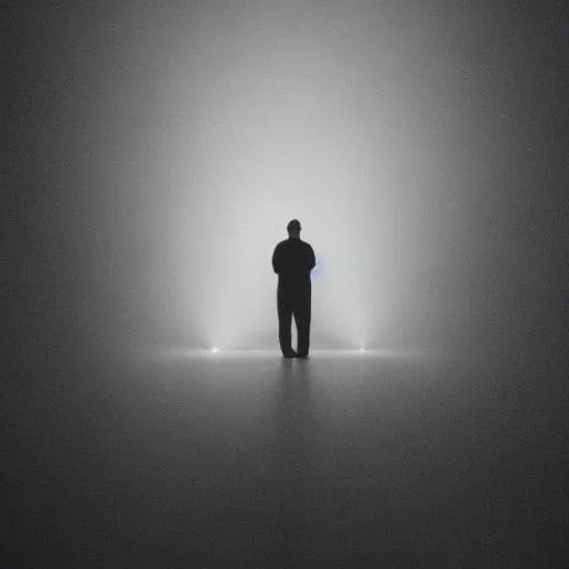 Prompt: a man standing in front of white light in dark room