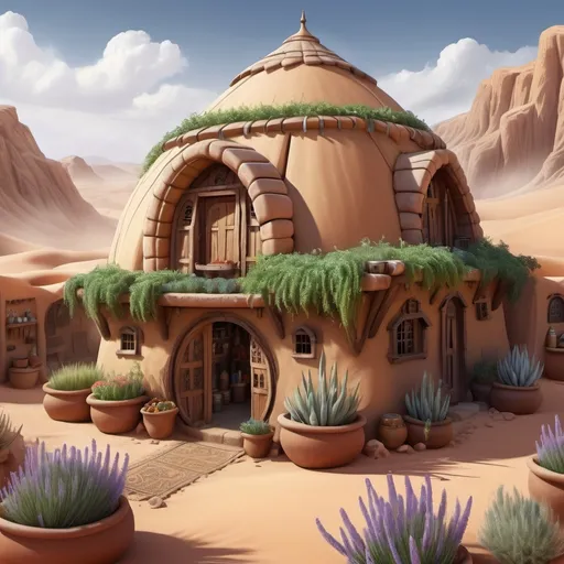 Prompt: Fantasy Illustration of a berber hut, herb shop, entire structure, immersive world-building, high quality, detailed, epic scale, fantasy, surrounded by desert