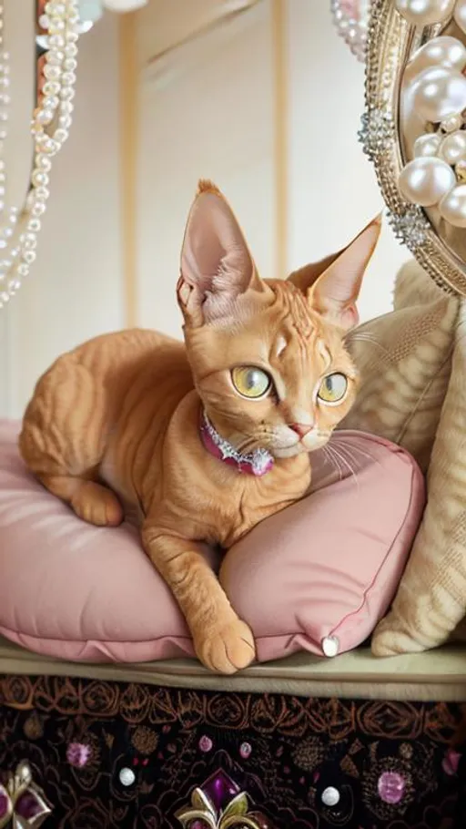 Prompt: Cute Disney cartoon illustration of a beige ginger tabby-Devon rex shorthair female cat, sitting on pink pillows, in a palace, surrounded by diamonds and pearls. amber eyes, beige fur, looking at viewer, detailed face, prominent face, visible face, big expressive eyes, big glossy eyes, looking up at camera, high quality, very detailed, clean edges, intricate detail