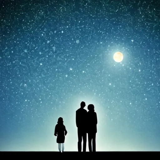 Prompt: beautiful starry sky, full moon in the sky.and two people looking at it